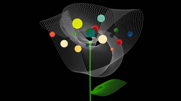 An image of a flower graphic with colored balls on a black background